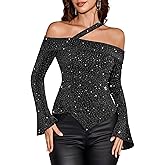 BeryLove Women Sparkly Top Off Shoulder Fitted Shirt Asymmetrical Rhinestone Party Blouse