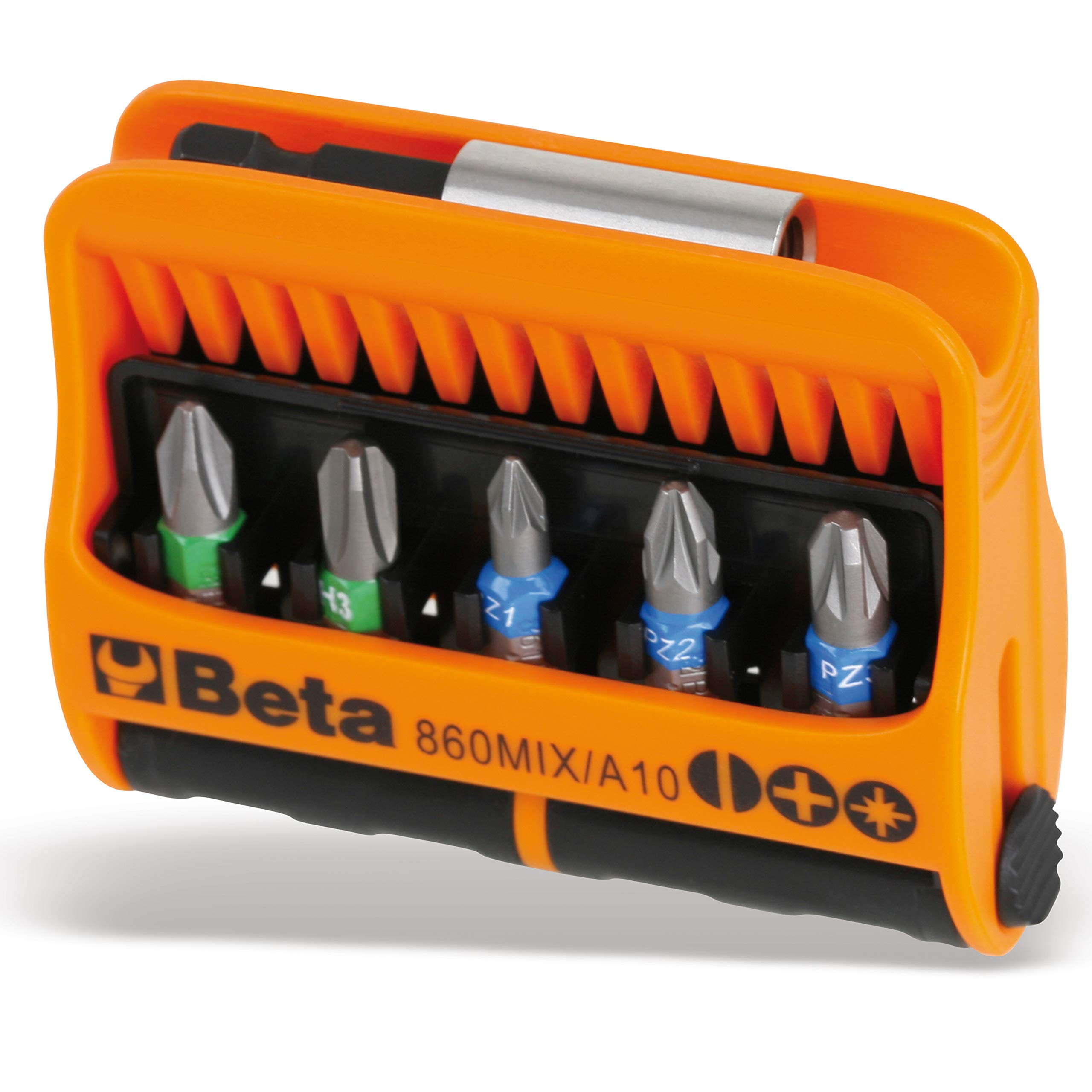 Beta 8600900 Model 860 MIX/A10 Set of 10 Phillips Pozi and Slotted Bits with Magnetic Bit Holder In Plastic Case, 1/4 Hex