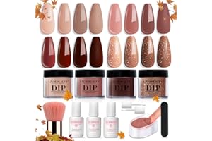 AZUREBEAUTY Dip Powder Nail Kit Starter, Fall 4 Colors Skin Nude Brown Glitter, Acrylic Dipping Powder Liquid Set with Base/Top Coat Activator for Daily French Nail Art Manicure DIY Gift 12 Pcs