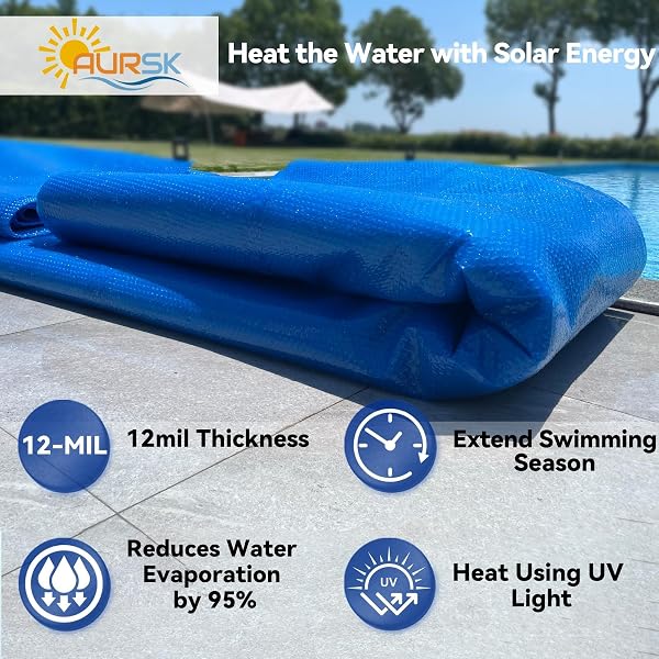AURSK SOLAR POOL COVER,12MIL 18X9 FOOT SOLAR POOL BLANKET FOR IN-GROUND AND ABOVE GROUND SWIMMING POOLS,RECTANGULAR THERMAL POOL COVER,BLUE(9X18FT)