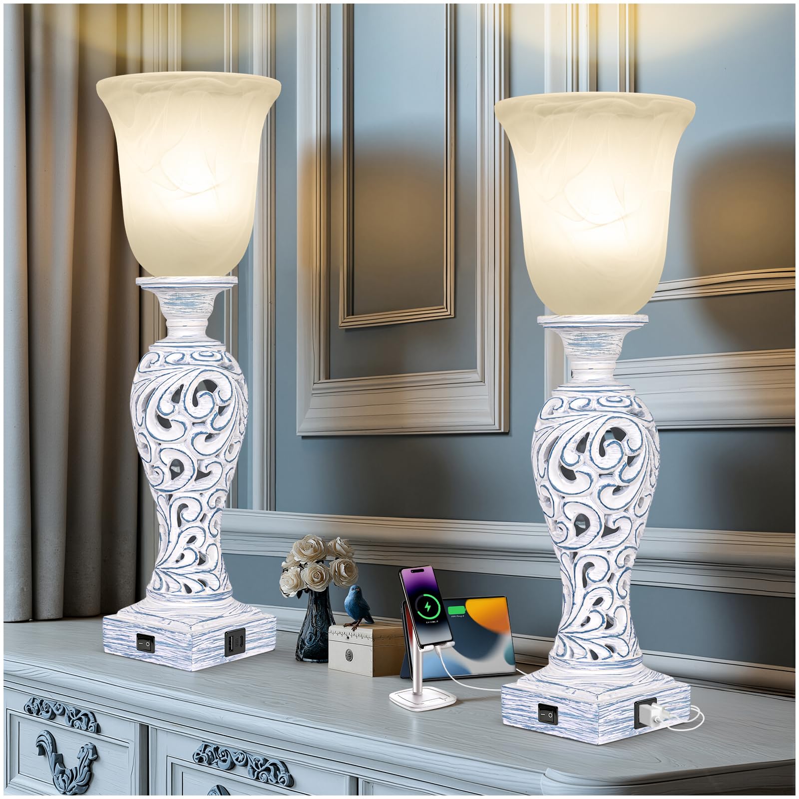 Photo 1 of 20" Vintage Table Lamp Set of 2 for Living Room, Rustic Farmhouse Bedside Lamps for Bedroom, 3-Way Dimmable Desk Lamps with Nightlight and 2 USB Ports, Traditional Nightstand Lamps with Glass Shade