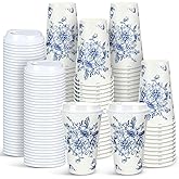 Irenare 96 Pcs Winter Blue and White Flower Disposable Coffee Cups with Lids 16 oz Chinoiserie Floral Pattern Paper Cups for Birthday Wedding and Tea Party Drinking Supplies