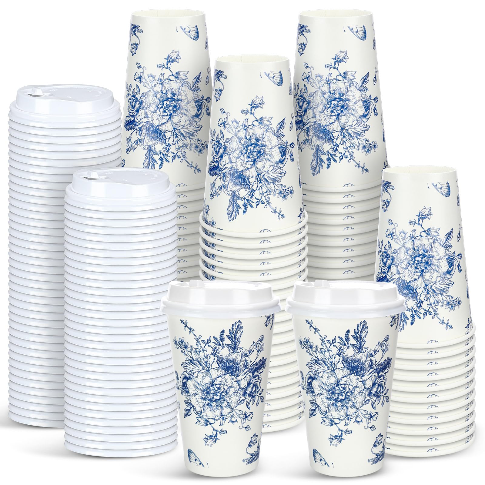 Irenare 96 Pack Blue and White Flower Disposable Coffee Cups with Lids ...