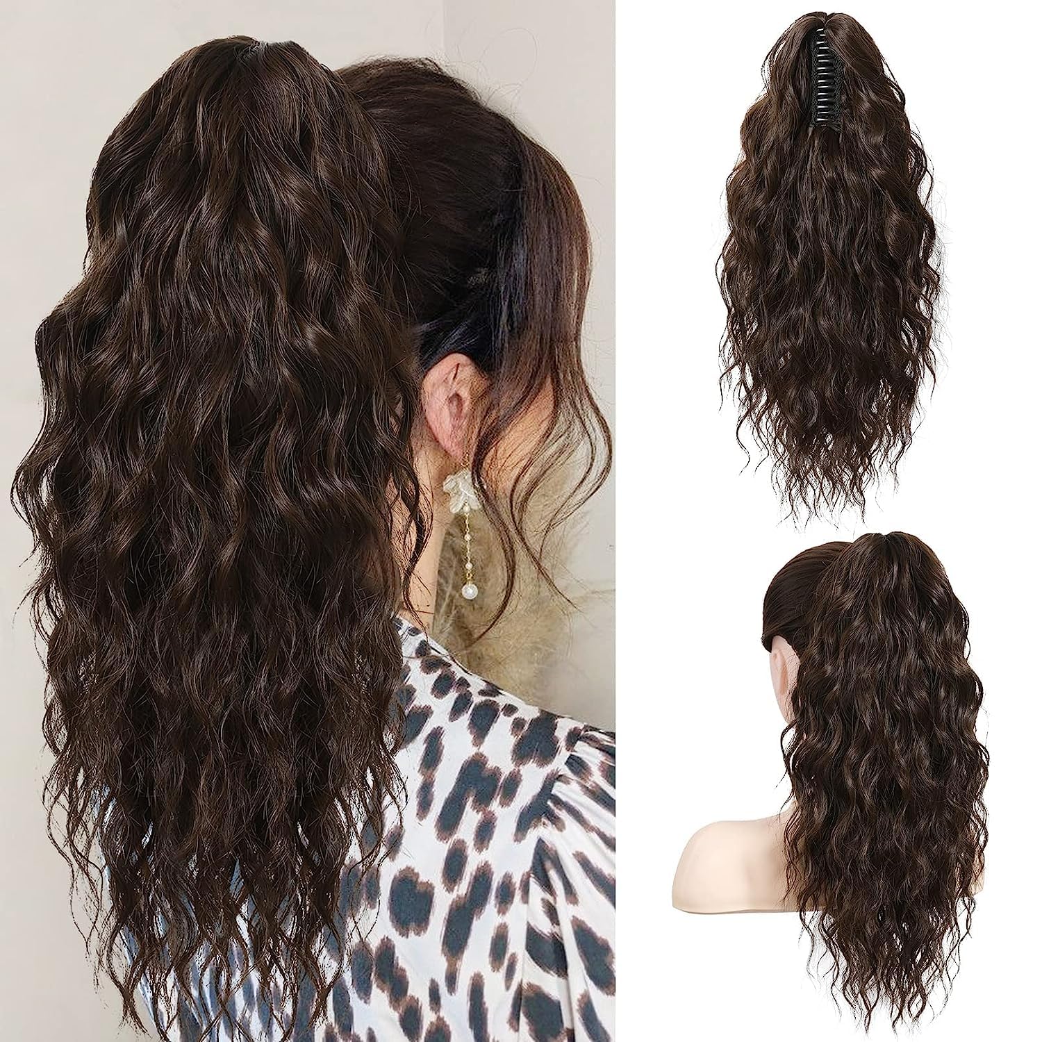PORSMEER Ponytail Extension,Claw Clip Ponytail Hair Extensions Dark Brown Natural Looking Long Curly Wavy Multi Layered Fluffy Synthetic Hairpiece for Women Daily Wear or Party,18inch โ image 1