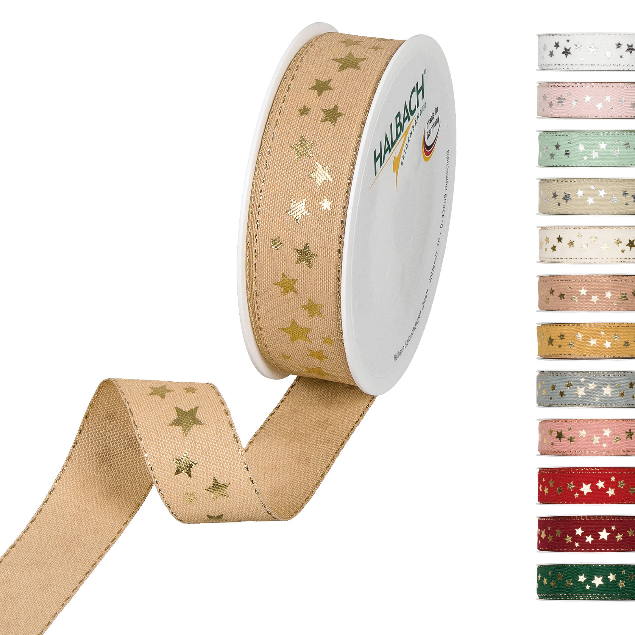 Halbach Seidenbänder 295 Stars Gift Ribbon Christmas Polyester Natural 2.5 cm