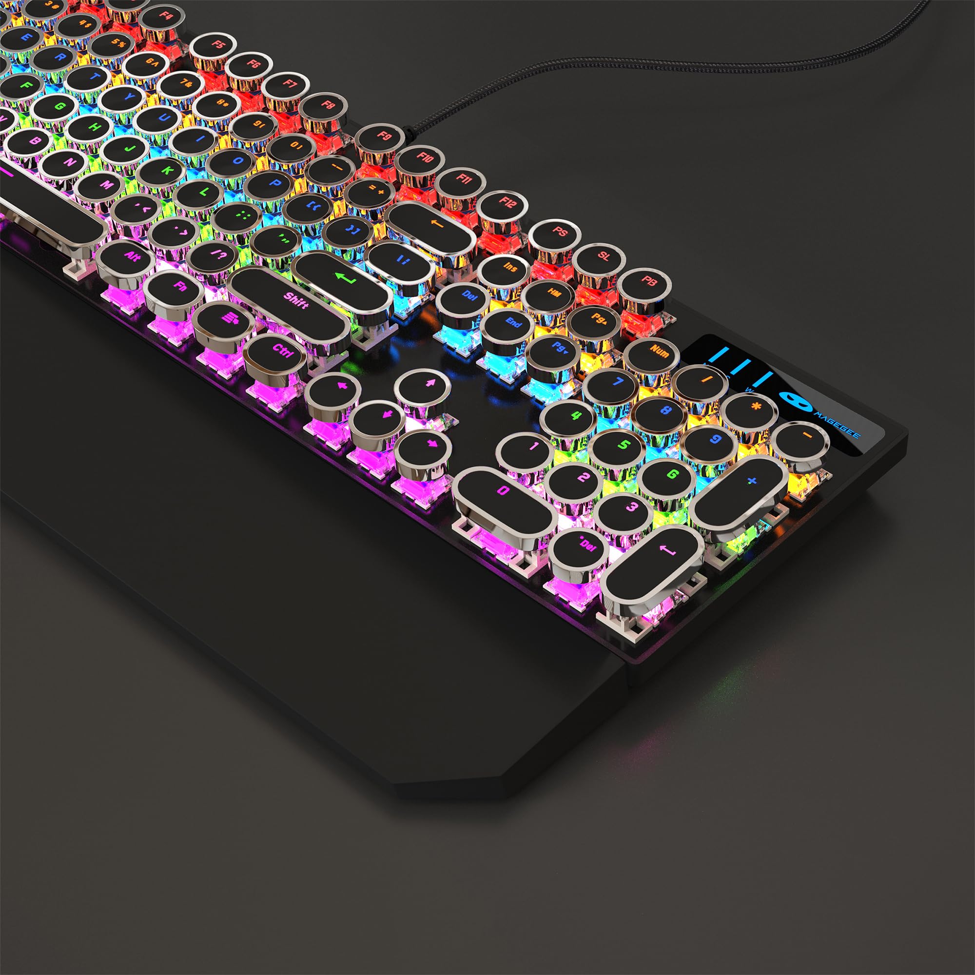 MageGee Typewriter Mechanical Gaming Keyboard, Retro Black Punk Round Keycaps RGB Rainbow Backlit Wired Keyboards for Laptop MAC PC Gamer, with Magnetic Wrist Rest - Blue Switch
