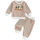 FOMOYUU Baby Boy Fall Winter Outfits Striped Embroidered Waffle Sweatshirt Infant Pullover Top Pants Sets Toddler Clothes