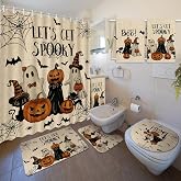 Nuanchu 6 Pcs Halloween Shower Curtain Set with Rug Spooky Bathroom Sets | Ghost Pumpkin Halloween Bathroom Decor with Shower Curtain Bath Mat U Shaped Mat Toilet Lid Cover 2 Bath Towels and 12 Hooks