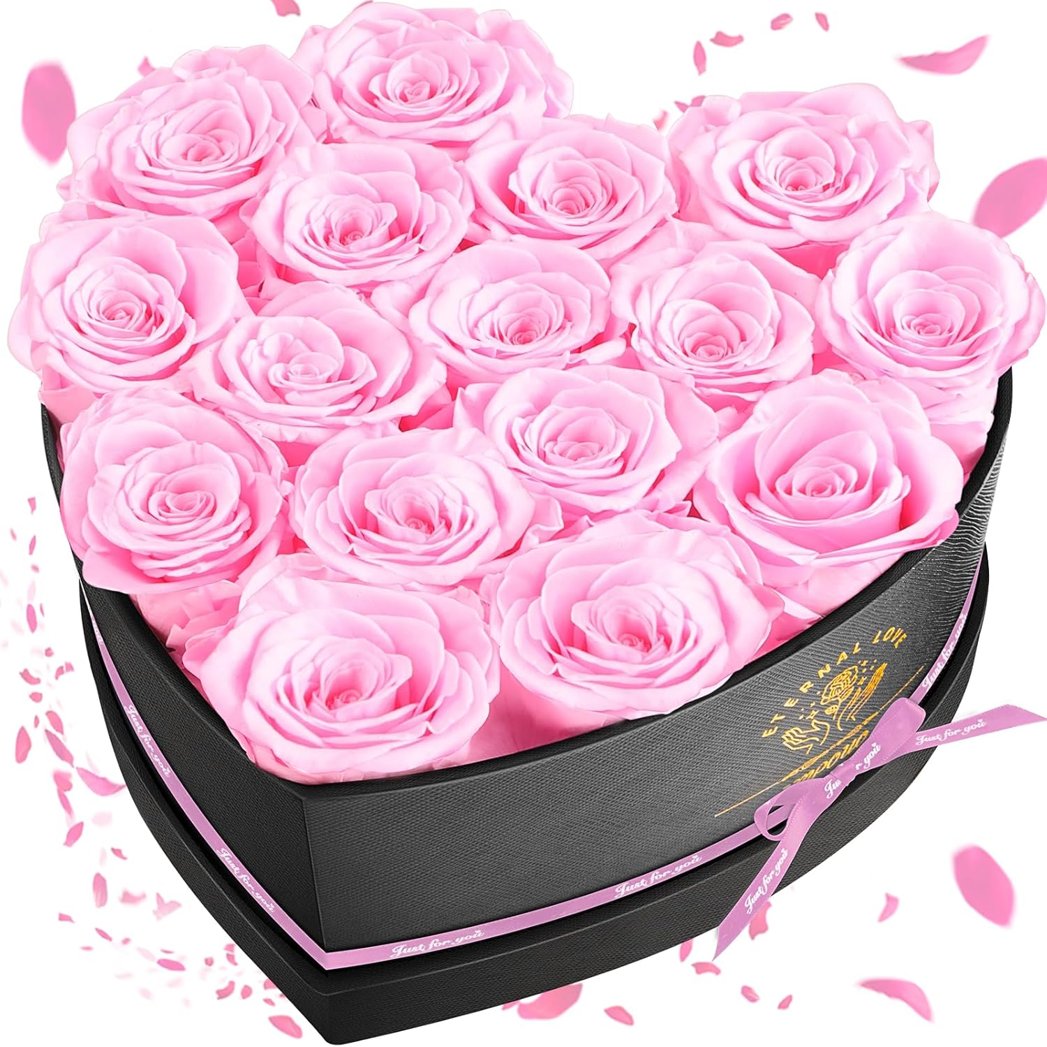 Dried & Preserved Flora - Impouo 16-Piece Forever Flowers Heart Shape Box - Preserved Roses, Birthday Gifts for Women- Flower Delivery Prime, Valentines, Anniversary, Wedding Gifts- Pink Roses