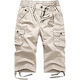 FOURSTEEDS Women's Mid Rise Cotton Capri Hiking Shorts Drawstring Multi Pocket Cargo Shorts Elastic Waist Cropped Cargo Pants