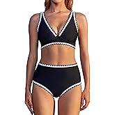 MOOSLOVER Women Bikini Sets Plunging High Waisted Swimsuit Whip Stitch 2 Piece Bathing Suits