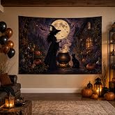 Vazrynthx Halloween Tapestry Wall Hanging, Witch Cauldron Black Cat Wall Tapestry for Bedroom Living Room Dorm, Gothic Full Moon Apothecary Indoor Halloween Party Backdrop Decor