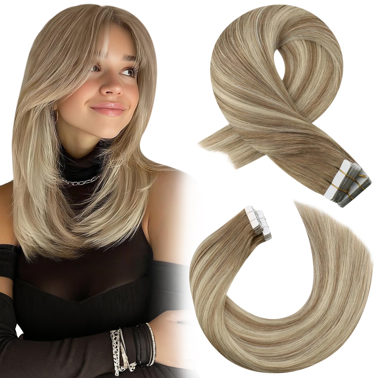 Moresoo Tape in Hair Extensions Human Hair 14 Inch Roots Light Brown Balayage Medium Blonde Tape in Human Hair Extensions Ombre Brown Invisible Remy Hair for Women Any Occasion 20pcs/50g #8/22/8
