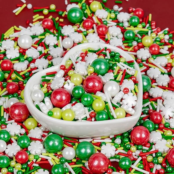 EDIBLE CHRISTMAS SPRINKLES FOR CAKE DECORATING,130G,WHITE SNOWFLAKES RED...