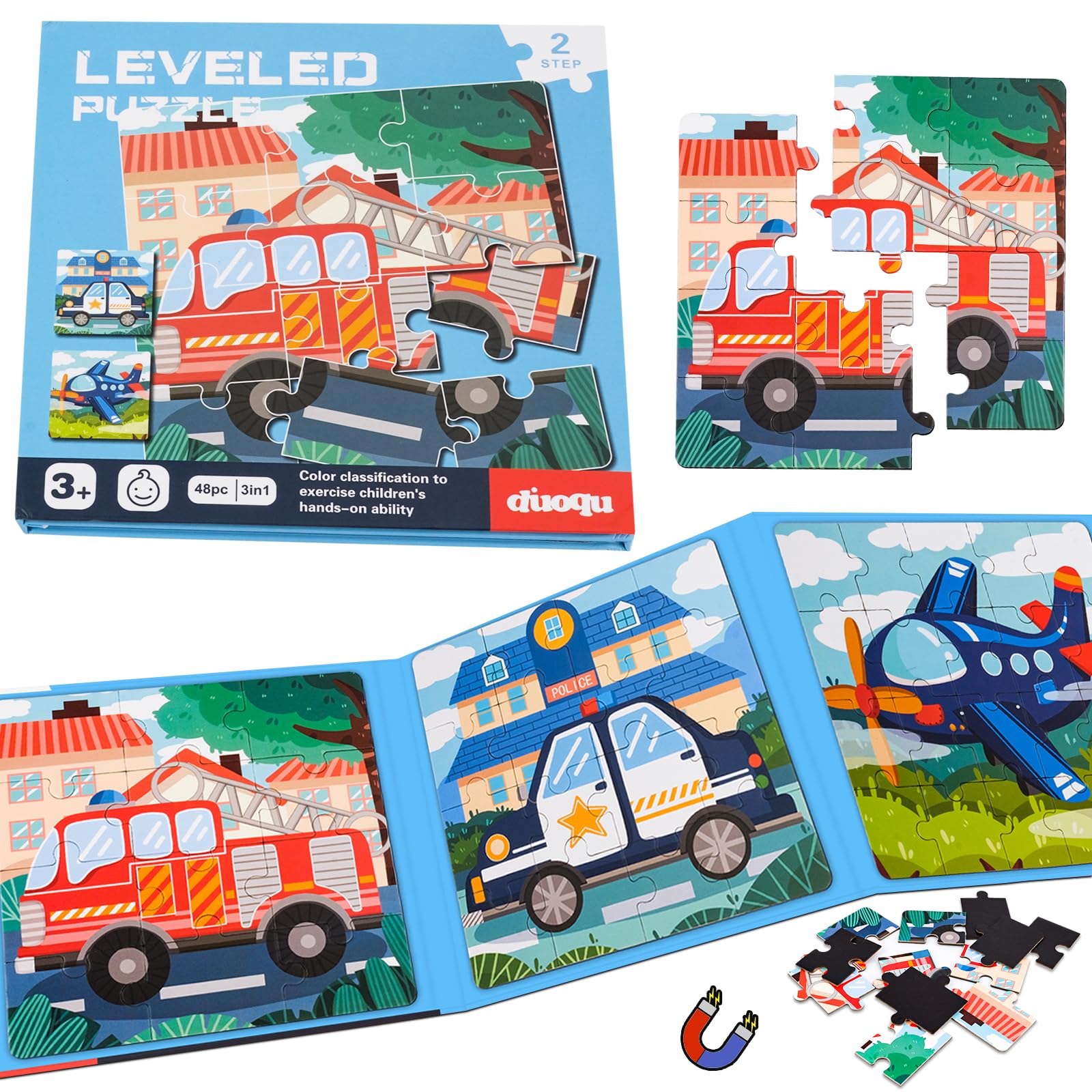 Magnetic Puzzle for Toddlers, 48pcs 3 In 1 Transportation Theme Toddler Jigsaw Puzzle with 3 Levels (12-16-20 pc), Educational Toys for 3 4 5 Year Olds Kids for Travel Game, Plane Activities