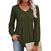 YUCOLEN Womens Long Sleeve Shirt V Neck T Shirts Pleated Dressy Casual Blouses Ruffle Cuffs Loose Tunic Tops