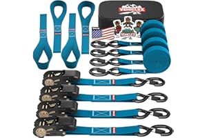 Ratchet Tie-Down Straps Set - (1" x 15', 2200lbs Breaking Strength) - Vehiclex Soft Loops, Coated S-Hooks, Storage Bag for ATV, Motorcycle, Bicycle, Kayak, Cargo Securing, Blue