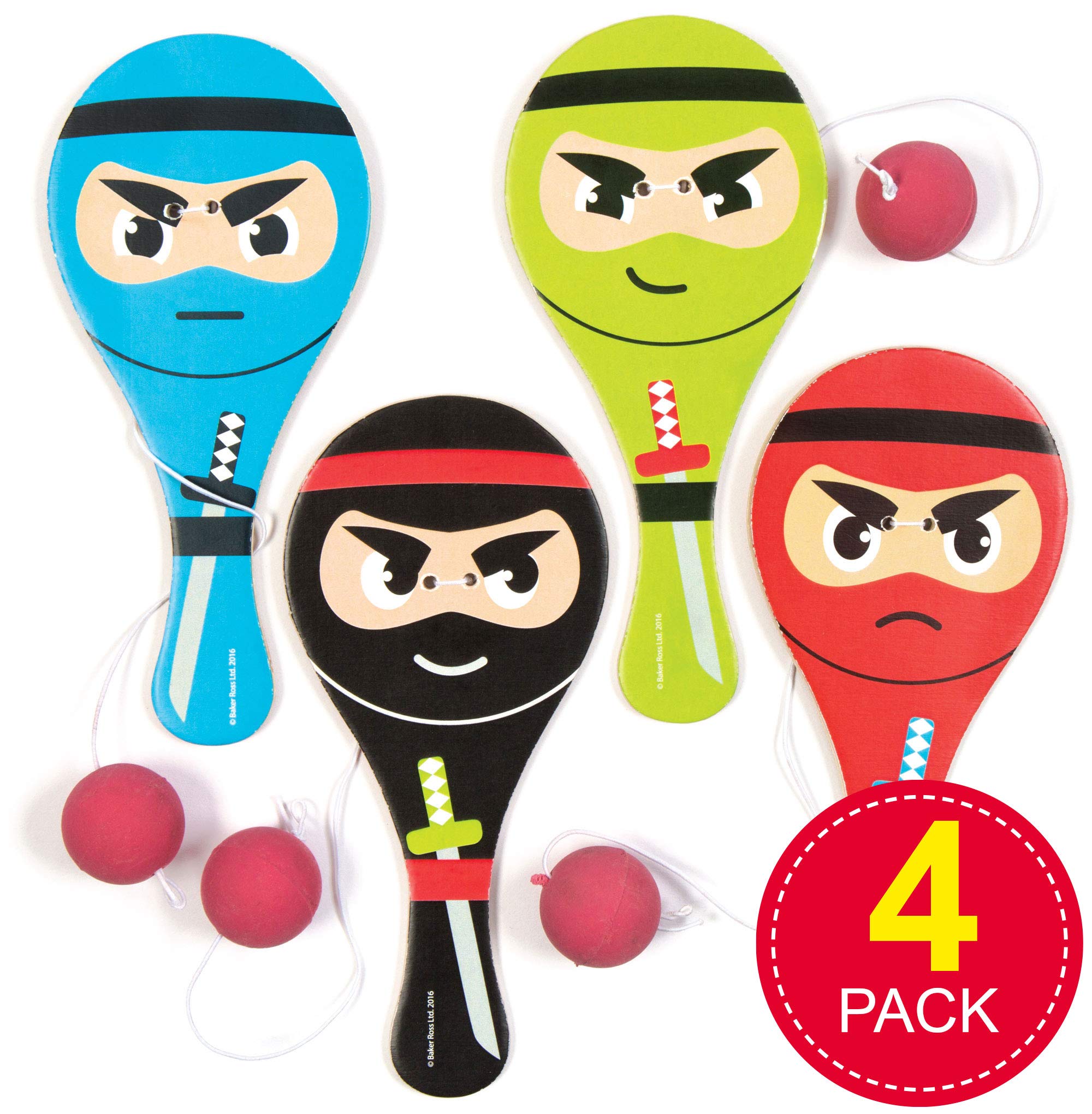 Baker Ross AC849 Ninja Paddle Bat and Ball, For Kids Party Bags, Small Gifts or Outdoor Play (Pack of 4)