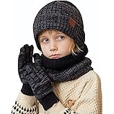 Kids Winter Hat Gloves Scarf Set，Mixed-color Beanie hat Knit Neck Fleece Lining Touchscreen Gloves for Girls Boys 4-10Y