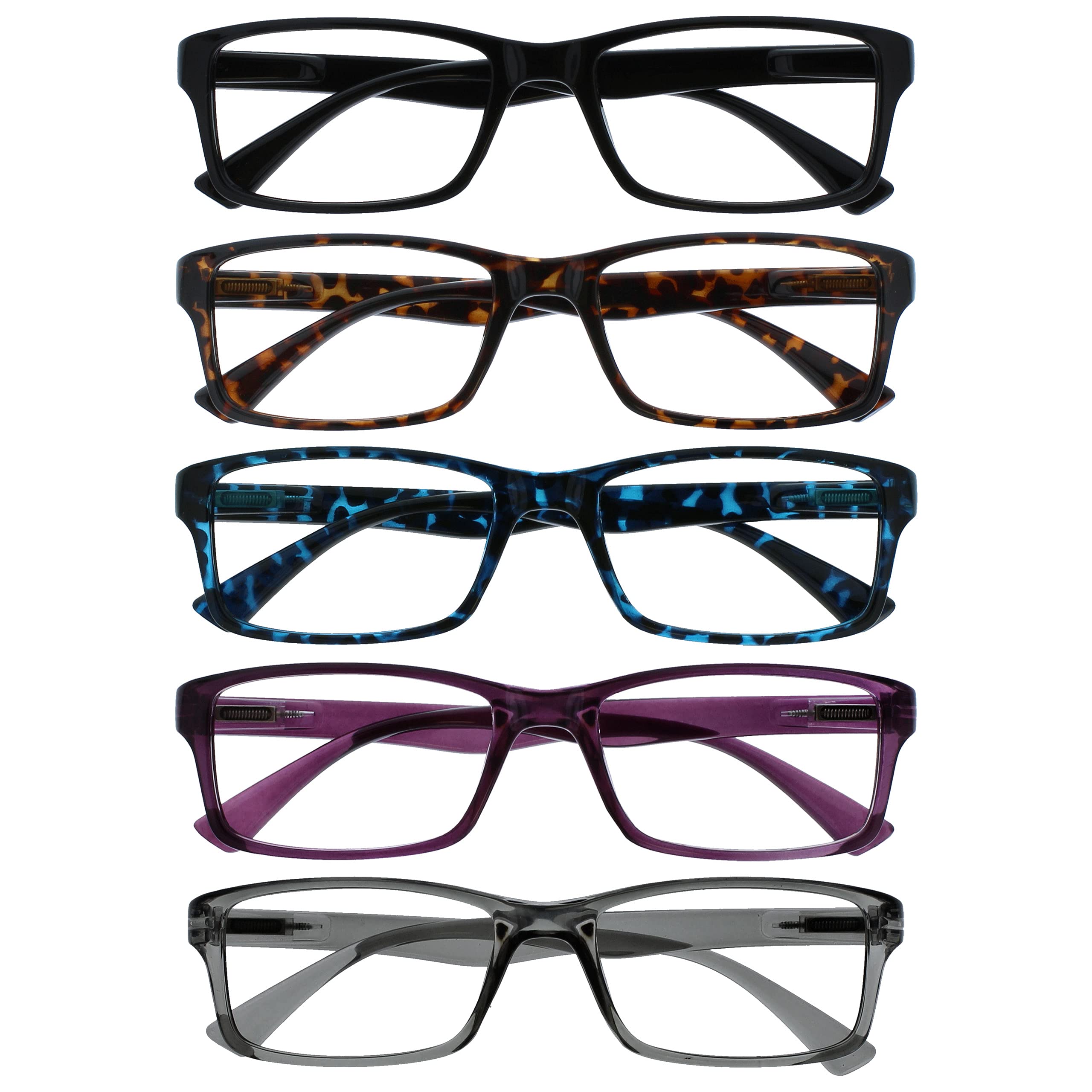 OPULIZE PEP Reading Glasses for Women Men, Large Rectangular Designer Frame with Spring Hinges, Scratch Resistant, Black, Brown, Blue, Purple, Grey +3 (Pack of 5)