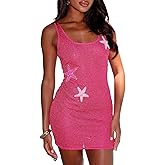 WNGECAT Women Sleeveless Starfish Sequin Mini Dress Square Neck Star Print Knitted Bodydon Beach Party Dress