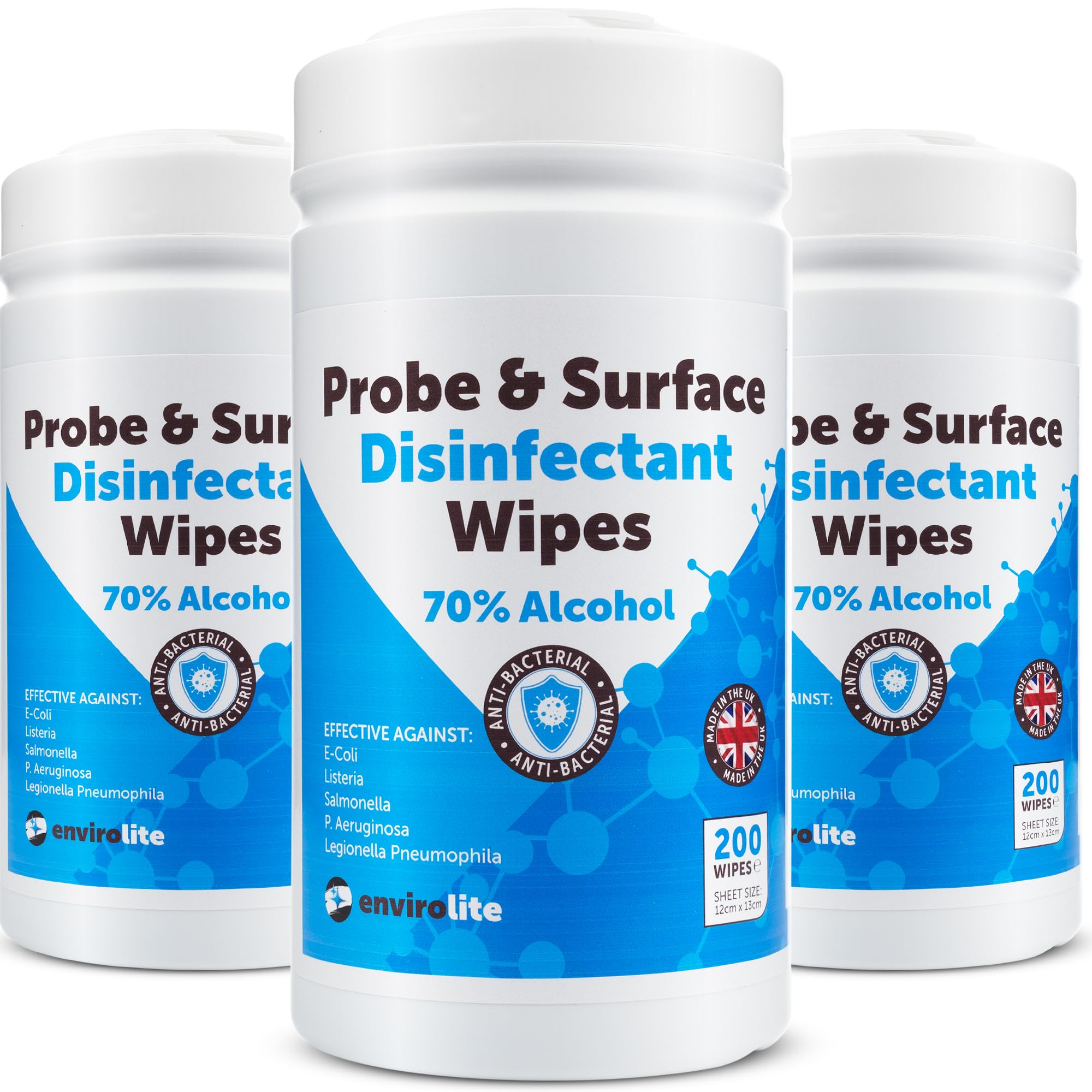Antibacterial Wipes - 3 x Tubs of 200 Alcohol Wipes for Cleaning Surfaces and Kitchen Food Probes – Disinfectant Sterile Probe Wipes Food Safe