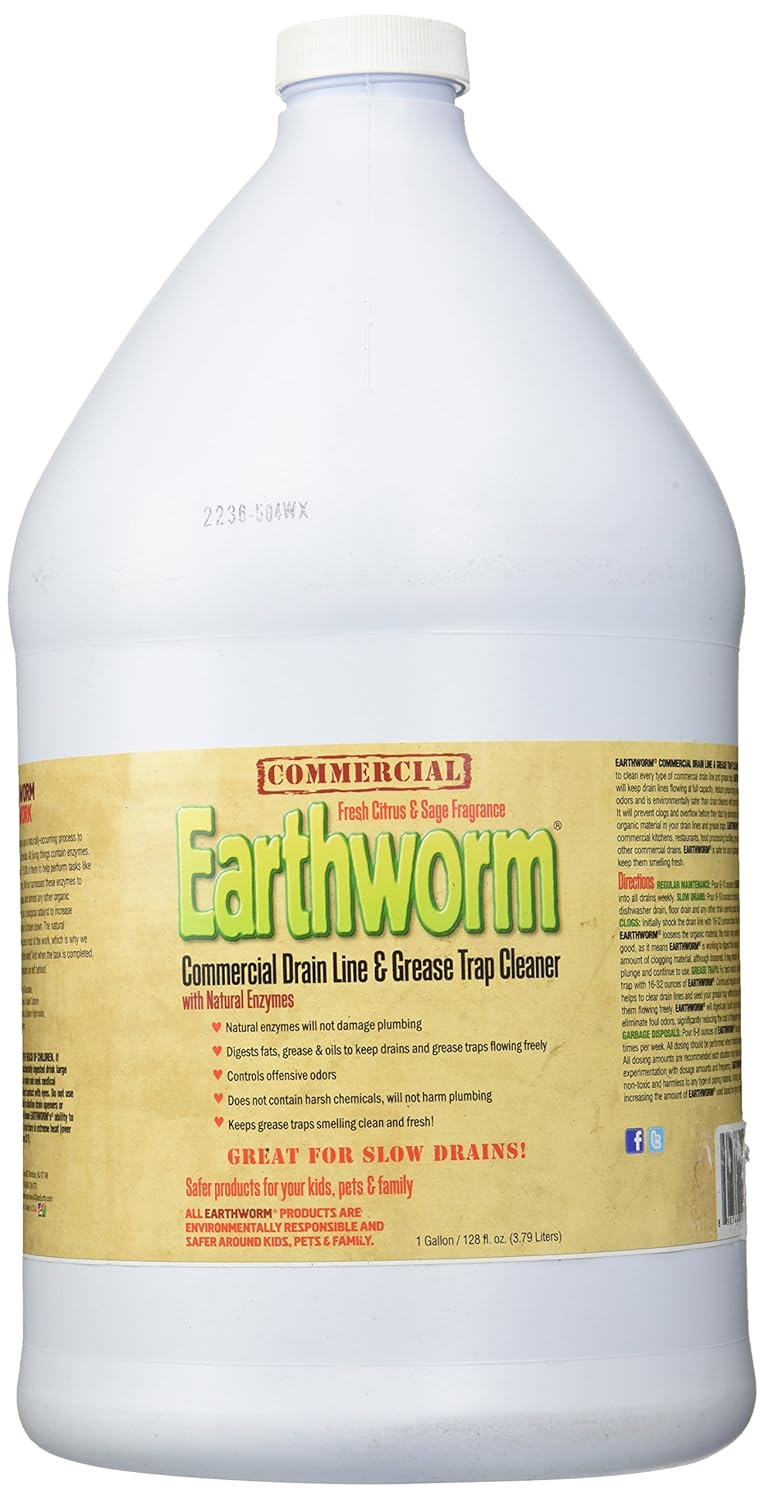 Earthworm Commercial Drain Line and Grease Trap Cleaner Treatment - Clog Remover - Drain Opener/Deodorizer - Natural Enzymes, Environmentally Responsible - 1 Gallon