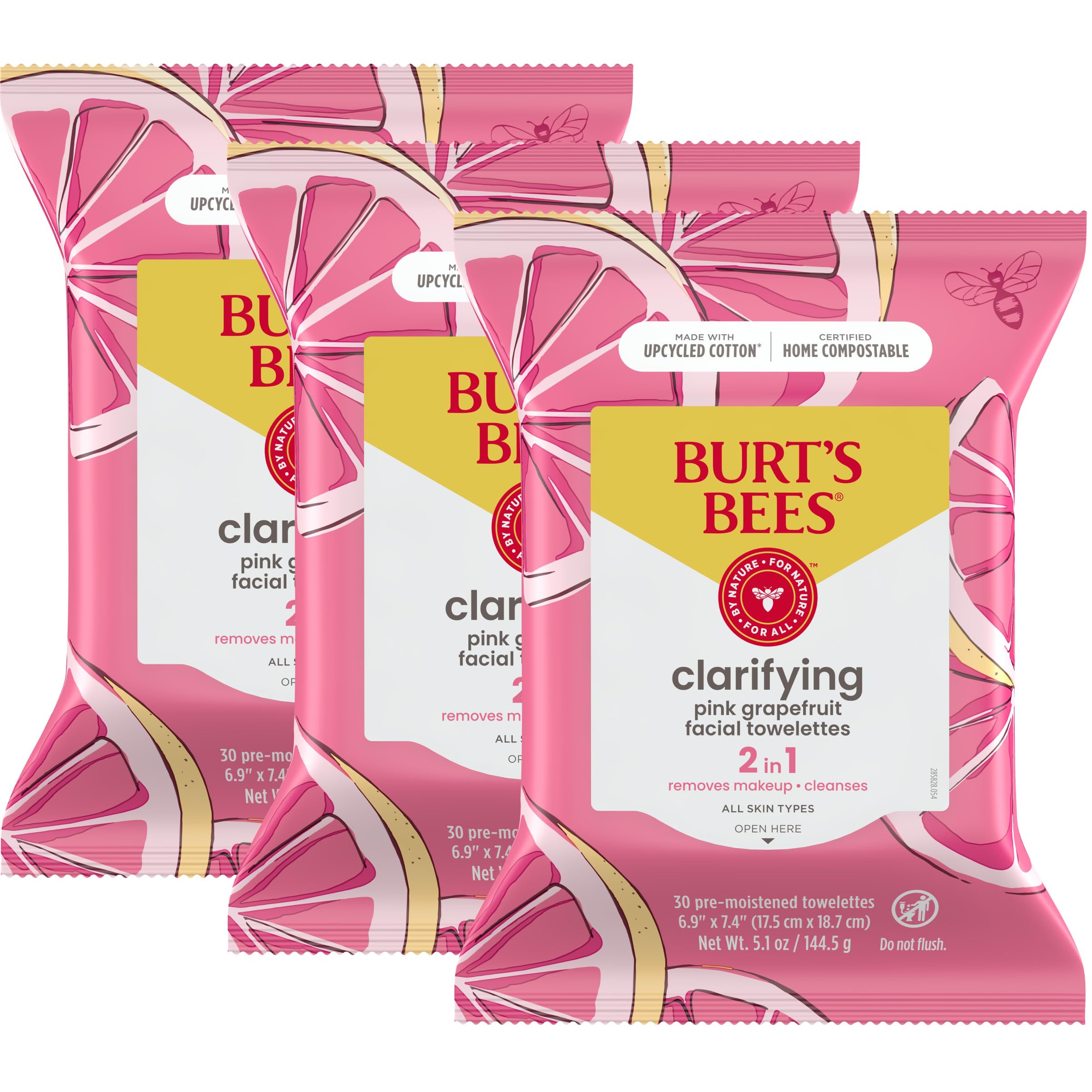 Burt's Bees Facial Cleansing Towelettes, Pink Grapefruit, 30 Count (Pack of 3)