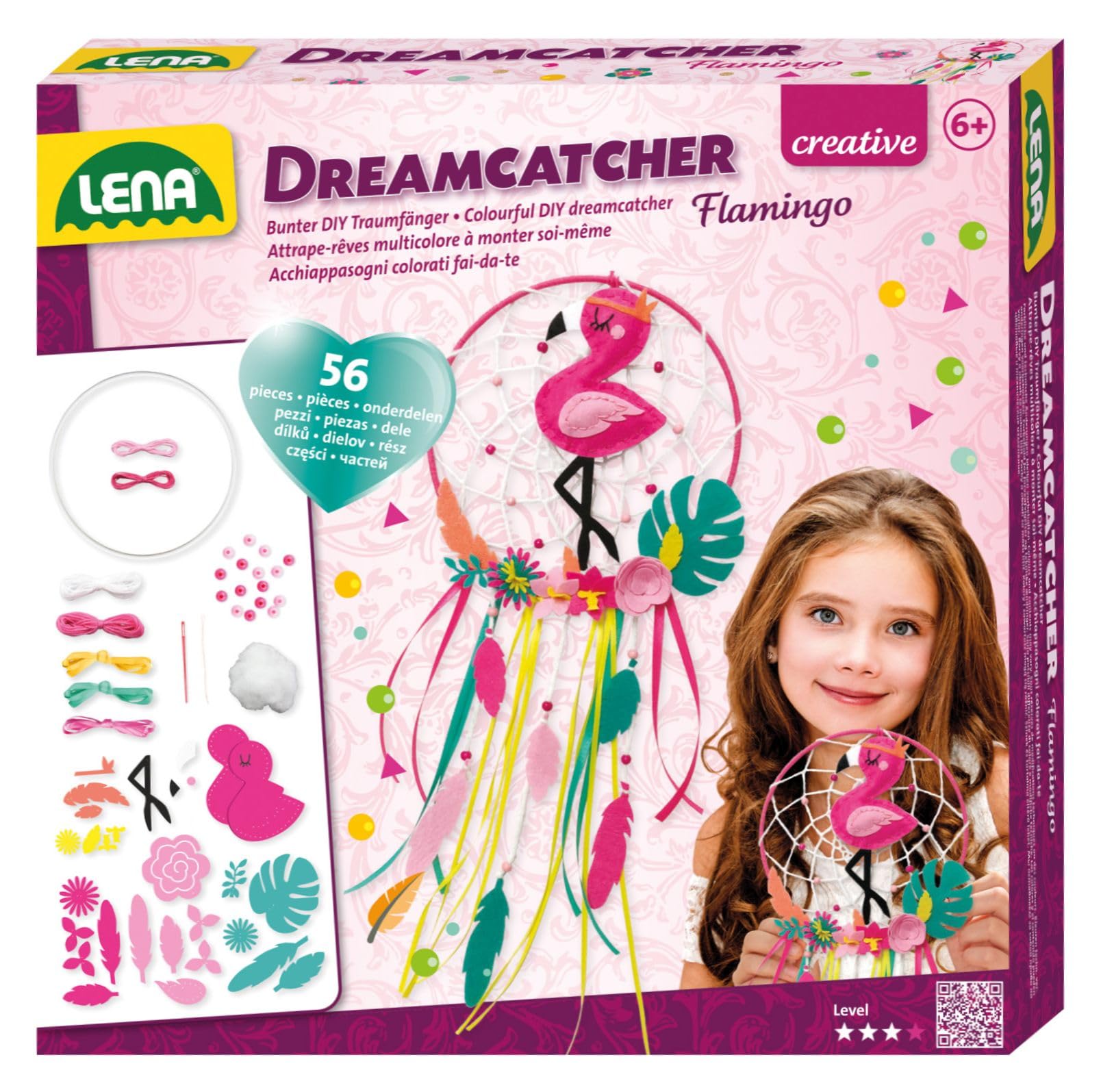 Lena 42700 Dreamcatcher Flamingo Craft Set, 56 Pieces, Complete Set for Dream Catcher Craft with Ring, Coloured Ribbons & Cords, Plastic Needle, Beads and Fabric Flowers, Set for Children from 6 Years