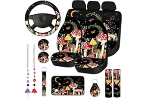 Riakrum 17 Pcs Mushroom Car Seat Covers Car Accessories Full Set for Women Men Automotive Rear Front Seat Protector View Mirror Hanging Ornament Steer Wheel Belt Cover(Forest Mushroom)