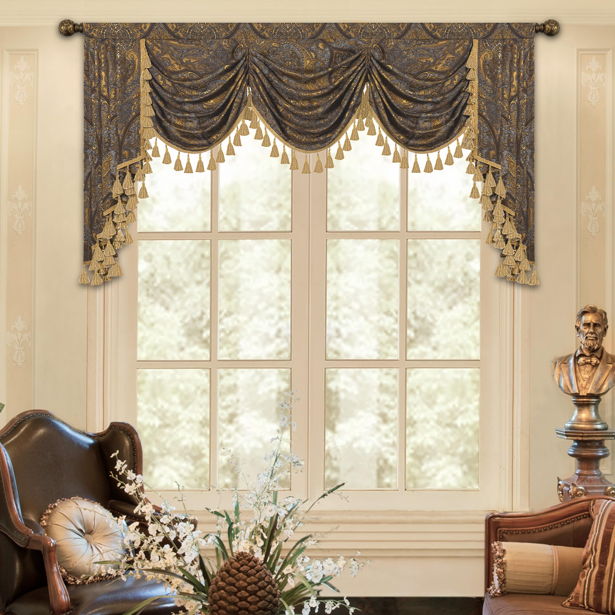 Photo 1 of Loom and Mill Luxury Jacquard Waterfall Valance for Living Room, Classic Antique Swag Window Valances with Tassels, Bronze Gold Swag Curtains for Bedroom Banquet Holiday Decoration(W79Inch,1 Panel)
