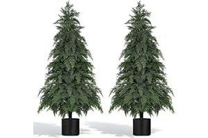 YANGRASS 2Pack Artificial Topiary Trees, 4FT Faux Cypress, Faux Evergreen Pine Shrubs Plants with Pot, Potted Plants for Front Porch Indoor Outdoor Garden Christmas Decor