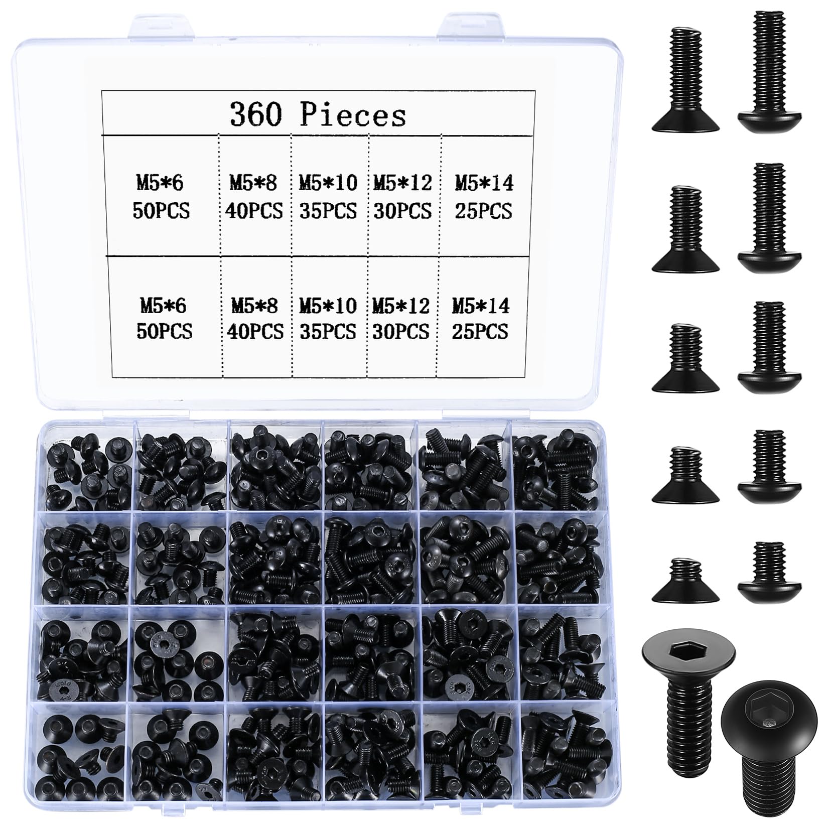 360 Pcs M5 Metric Hex Socket Head Cap Screws Bolts Set, Including 180 Pcs Countersunk Pan Head Screw, 180 Pcs Flat Screws for 3D Printer Machine - Black, 6mm/8mm/10mm/12mm/14mm โ image 1