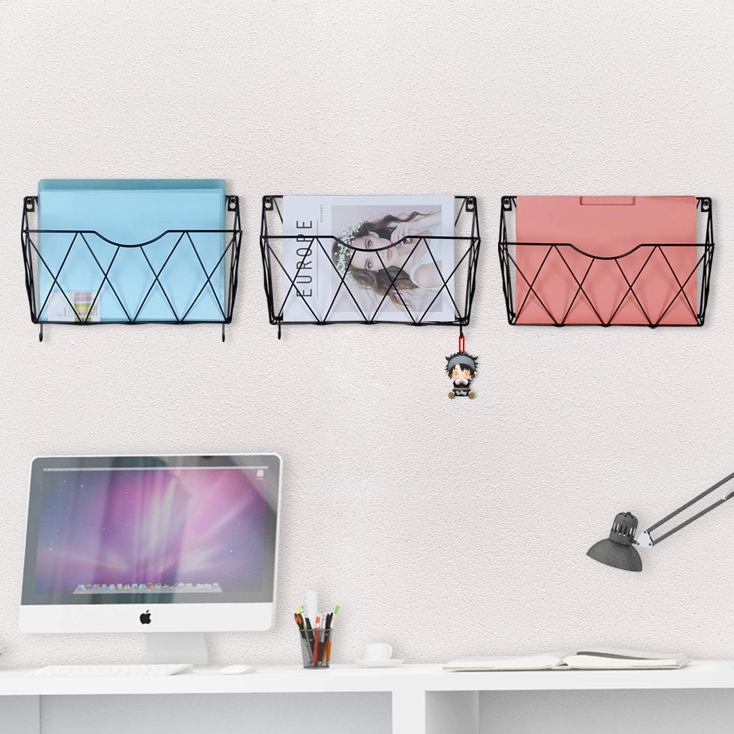 KEEGH Hanging Wall File Organizer 3 Pockets Wall Mount File Folder Mail Holder Metal Magazine Rack with Hooks (Black): Office Products