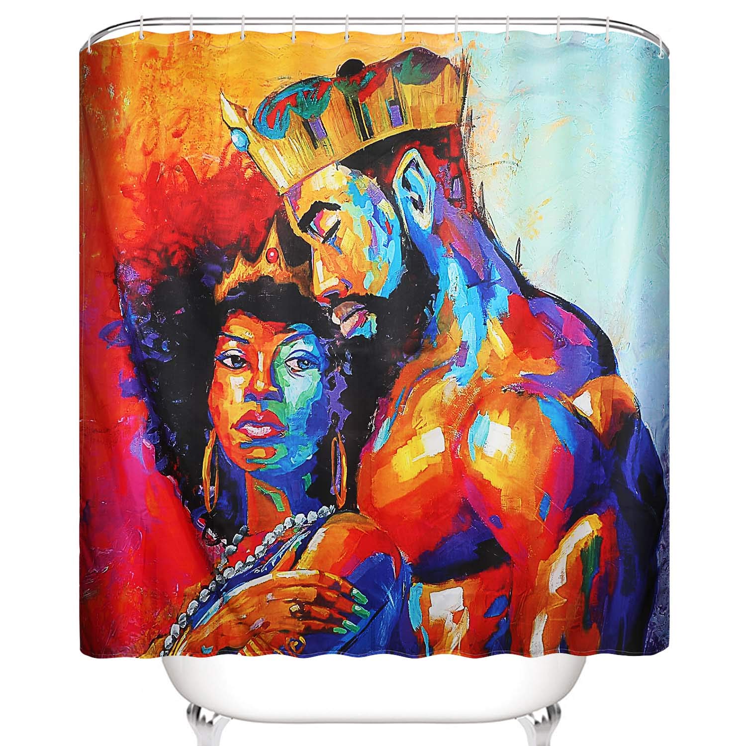 Flymall Shower Curtain Set,Waterproof Washable Polyester Fabric African Couples Painting Shower Curtain Including 12-Pack Shower Hooks for Home Bathroom Decor(71 x 71)
