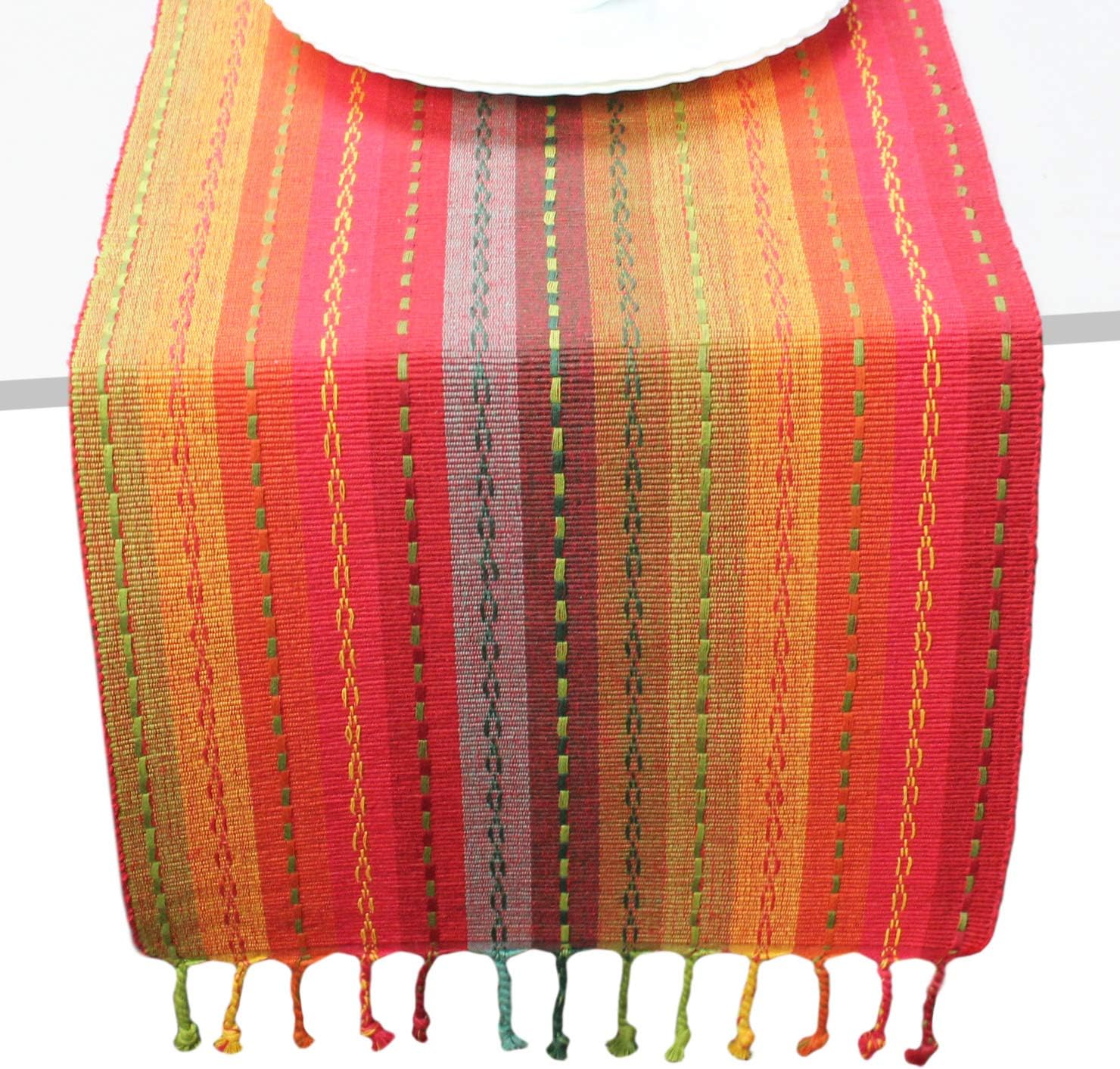 COTTON CRAFT - Salsa Stripe Hand Knotted Fringe Table Runner - 14x72 - Red Multi Cotton Hand Woven by Skilled artisans - Unique Hand Knotted Decorative Fringe: Home & Kitchen