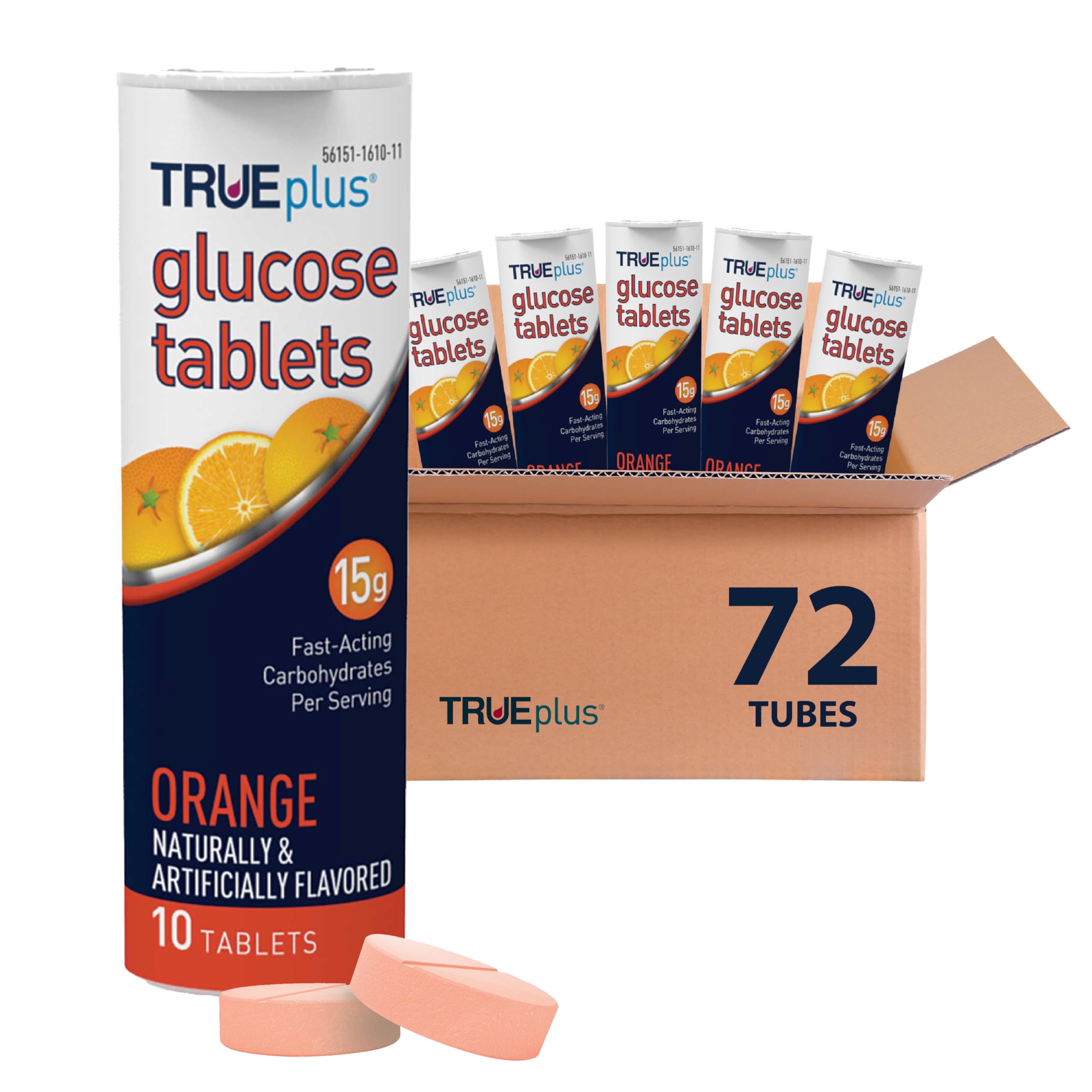 TRUEplus Glucose Tablets, Chewable, Orange Flavor, 15g Fast-Acting Carbohydrates, Fat Free, Gluten Free, Raise Low Blood Sugar and Boost Energy, 10 Count, 72 Tubes Image