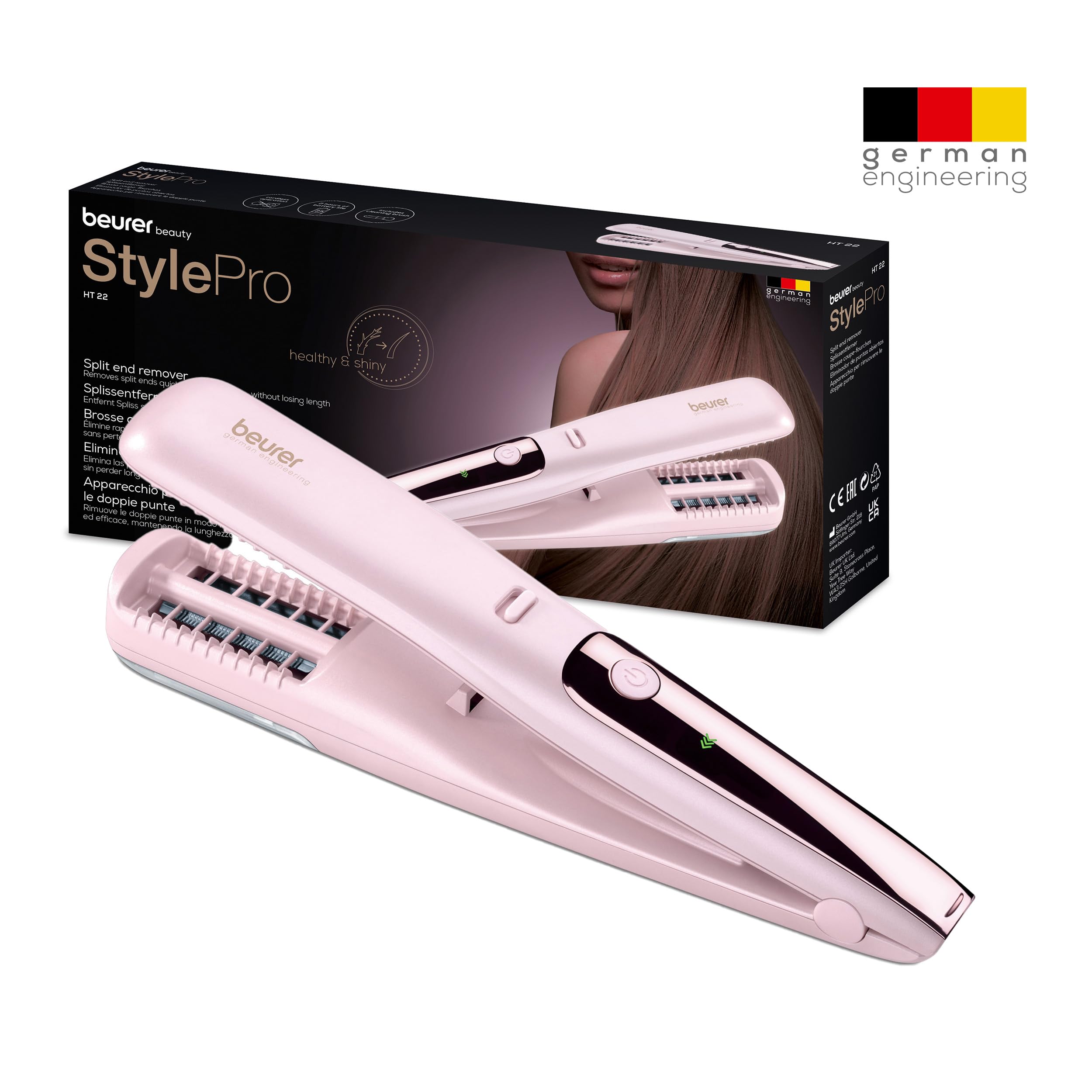 Beurer HT 22 Split End Remover, Removes Split Ends and Broken Hair Ends Quickly and Effectively, No Length Loss for Healthy Hair, with LED Display, 2 Hours Battery Life, Pink