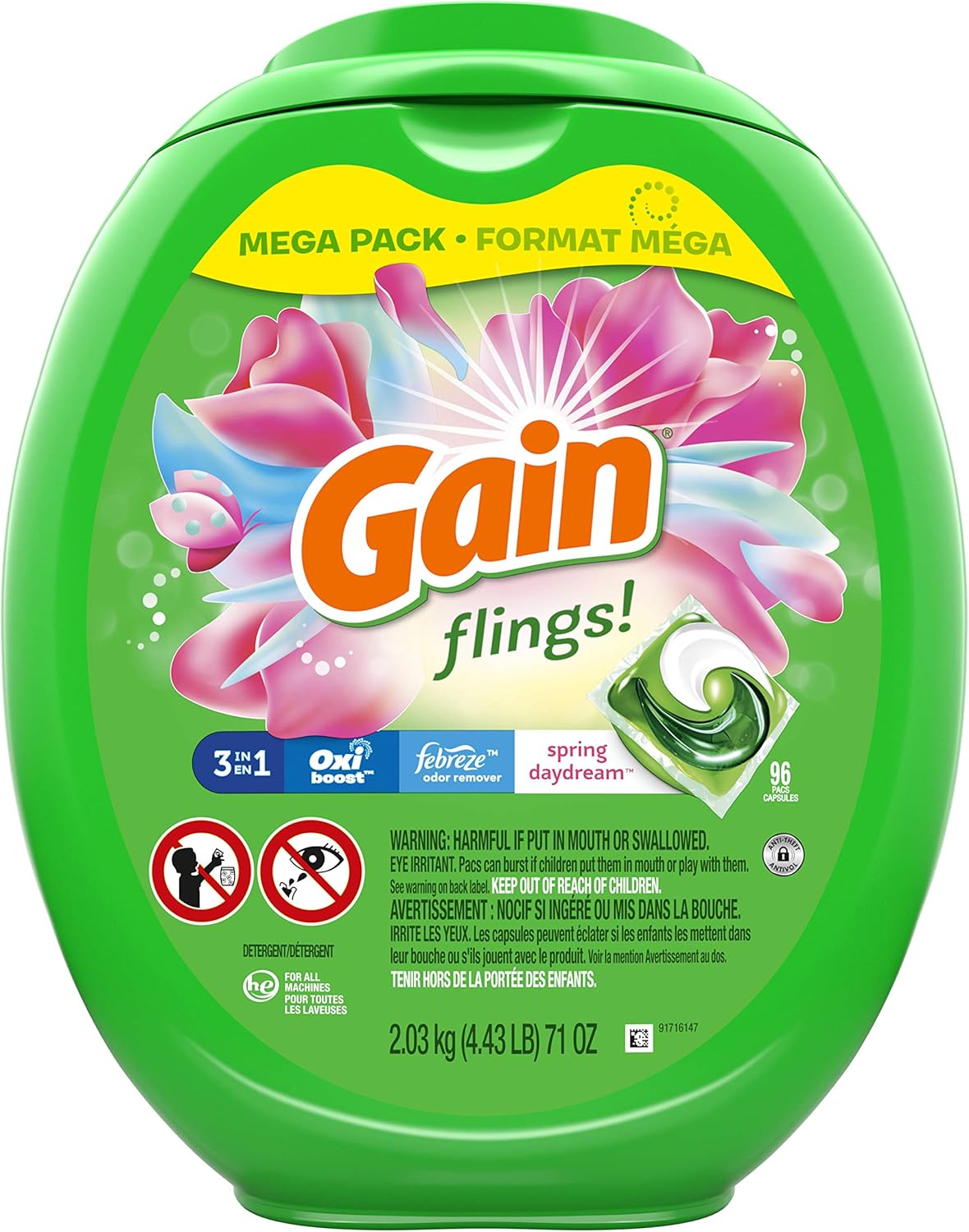 GAIN Flings Liquid Laundry Detergent Pacs, Spring Daydream Scent, He Compatible, 96 Count