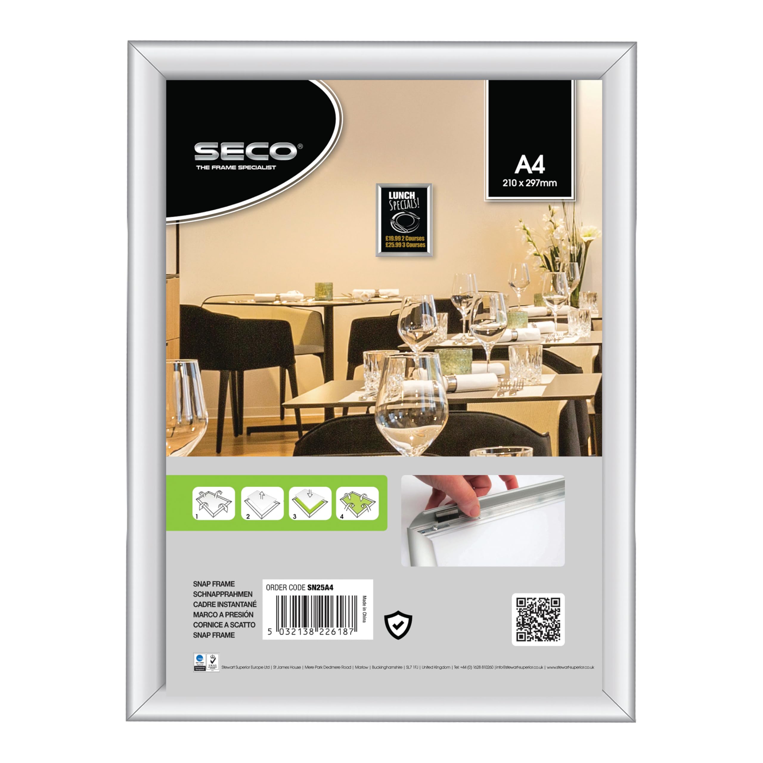SECO Silver Aluminium Display Snap Frame - Pack of 5 - Easy Open for Posters, Menus, Notices & Signs – Wall Mountable Click Frame for Office, Retail, Restaurants & Public Spaces - A4 (210x297mm)