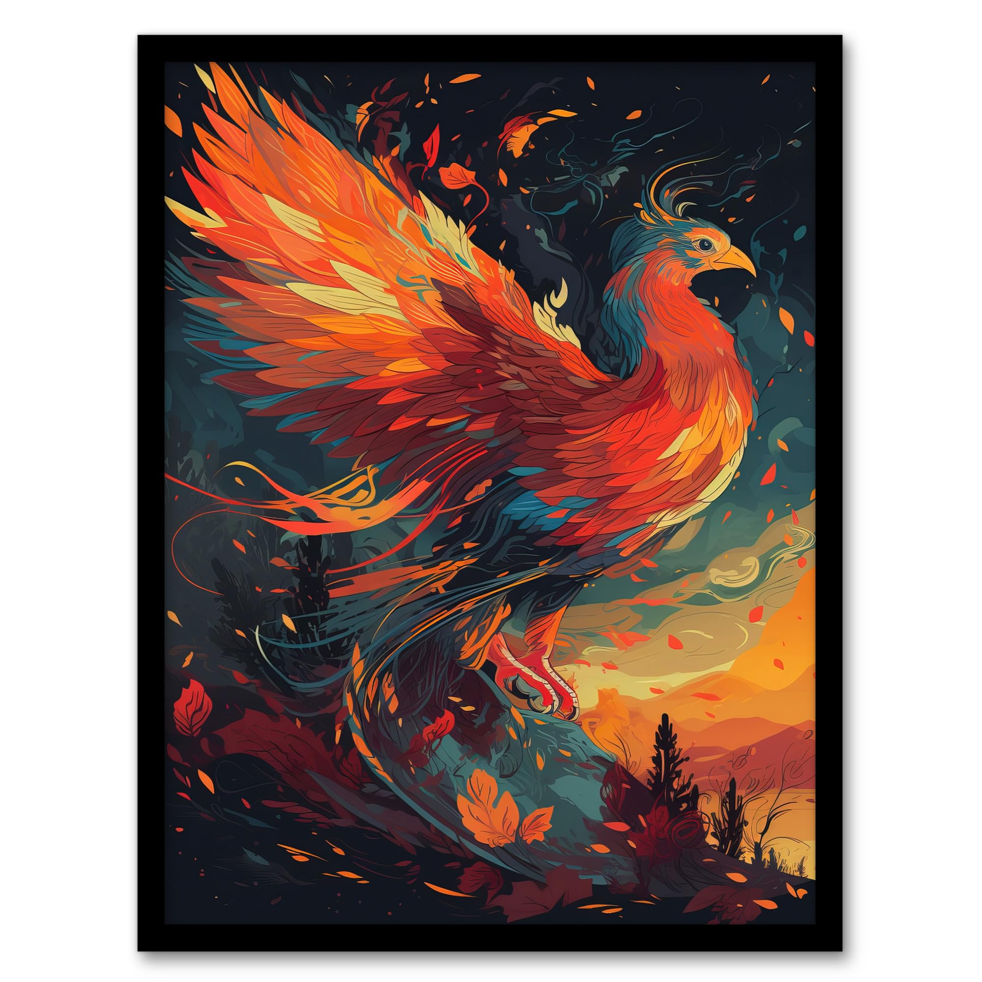 Artery8 Majestic Phoenix Bird Spreading Wings Concept Painting Blue Orange Red Mythical Creature Rising From Fire Ashes Vibrant Portrait Art Print Framed Poster Wall Decor 12x16 inch