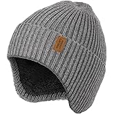 Wmcaps Fleece Lined Winter Beanie with Earflap for Men Women - Windproof Thermal Knit Hat for Cold Weather