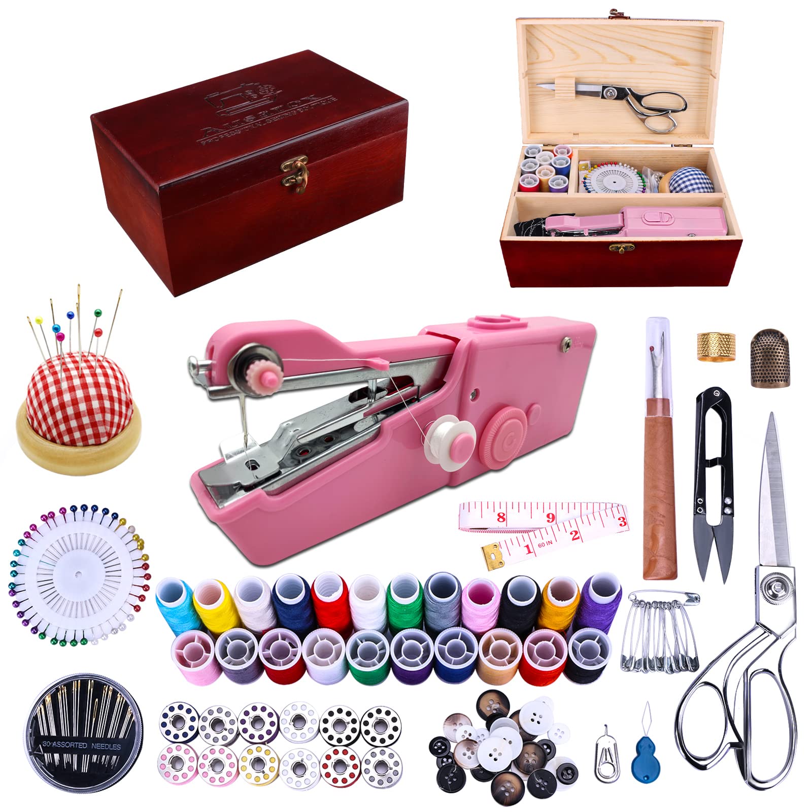 Photo 1 of Handheld Sewing Machine, with Elegant Wooden Sewing Box and 153-Piece Sewing Kit, Mini Portable Cordless Hand Held Stitching Machine, Perfect for Adults, Beginners, and Quick Home Repairs