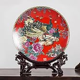 LIYAOLI Decorative Plates for Display - Handmade Chinese Classical Red Peacock &amp; Peony Porcelain Plates for Living Room, Dining Table, Shelf Decor (2025 Art Collection)