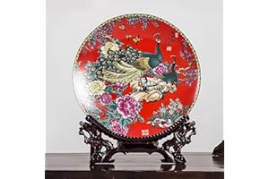 LIYAOLI Decorative Plates for Display - Handmade Chinese Classical Red Peacock & Peony Porcelain Plates for Living Room, Dining Table, Shelf Decor (2025 Art Collection)