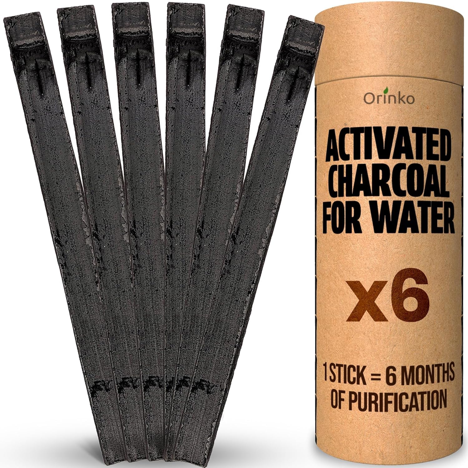 ORINKO® Charcoal Water Filter Sticks x6 – Natural Takesumi Activated Carbon for Water Purification – Sustainable Binchotan Bamboo Filter Kit for Pitchers & Tap Water