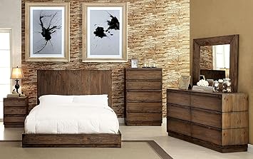 Amazon Com Esofastore Amarante Collection Rustic Natural Tone Finish Low Profile Bed W Flat Panel Hb Queen Size Bed 4pc Set Unique Dresser Mirror Nightstand Master Bedroom Furniture Furniture Decor