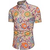QZH.DUAO Mens 70s Disco Party Shirts Casual Paisley Button Down Shirt Vintage Floral Hawaiian Beach Short Sleeve Shirt