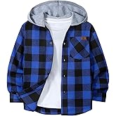 Boys Long Sleeve Button-up Shirt with Hood Unisex Kids Cotton Plaid Hoodie Flannel Fall Shirts for 6-15 Years