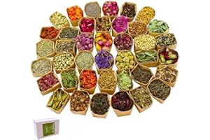 OAMEUSA 40Bags Natural Dried Flowers, with 2 Sackcloth Drawstring Bag 1 Bamboo Clip, DIY Soap,Bath Bomb,Candle,Aromatherapy Oil,Cake,Resin Jewelry Making,Bath,Nail -Lavender,Don't Forget Me,Rose,Jasmine